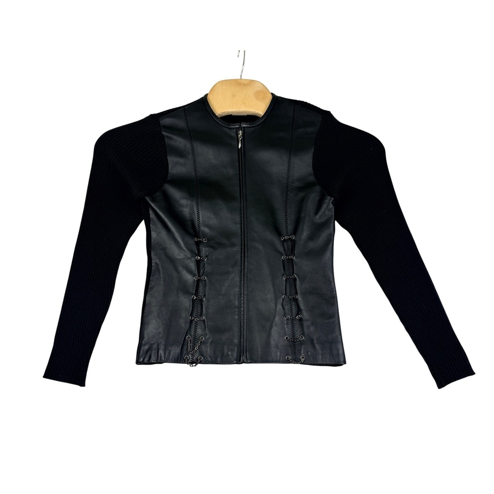 Vintage Escapade Womens Black Leather Front Ribbed Knit Zip Up Jacket Small